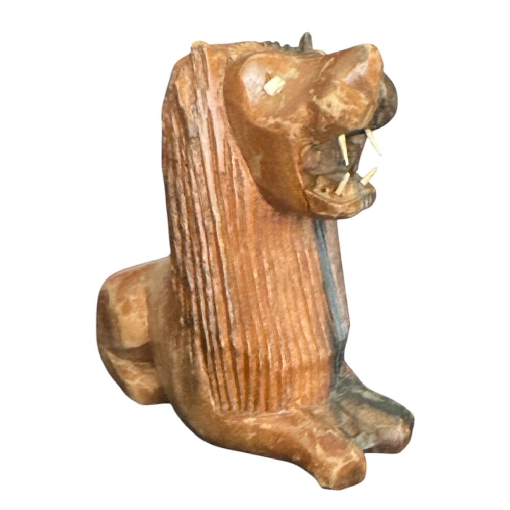 Hand Carved Wooden Seated Lion Figurine with Fangs